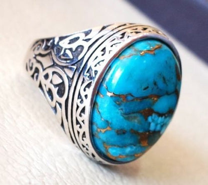 Natural Turquoise Ring Vintage Antique Thai Silver Ring Fashion Party Jewelry Punk Style