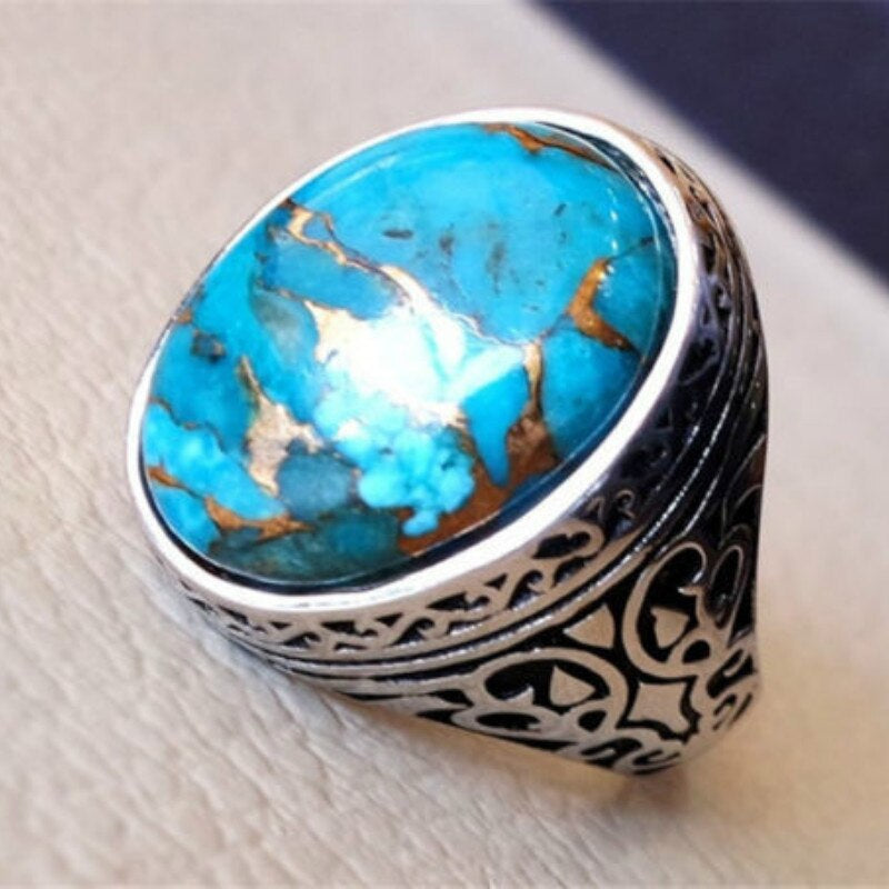 Natural Turquoise Ring Vintage Antique Thai Silver Ring Fashion Party Jewelry Punk Style