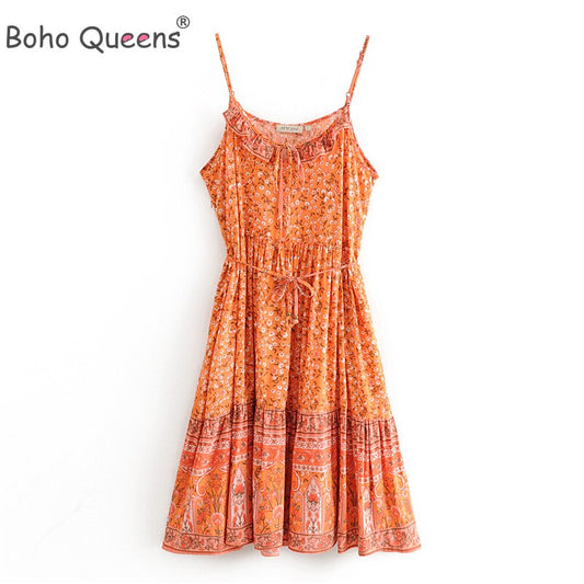 Boho Queens Women Print Sleeveless Bohemian Spaghetti Strap Mini Dress Ladies Summer Vestidos