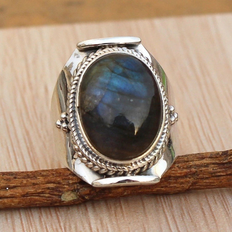 Large Antique Jewelry Natural Gemstone Labradorite Ring Wedding Engagement Rings Size 6-10