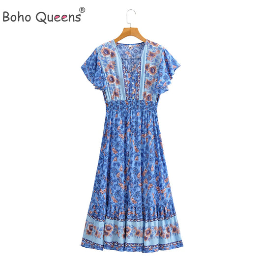 Boho Queens Women Floral Print V-Neck Sashes Bohemian Midi Dress Ladies Sleeve Happie Dresses Vestidos