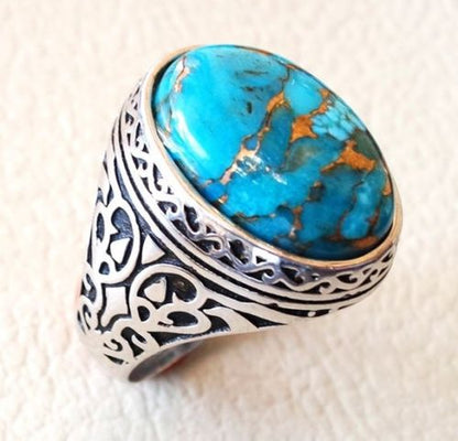 Natural Turquoise Ring Vintage Antique Thai Silver Ring Fashion Party Jewelry Punk Style