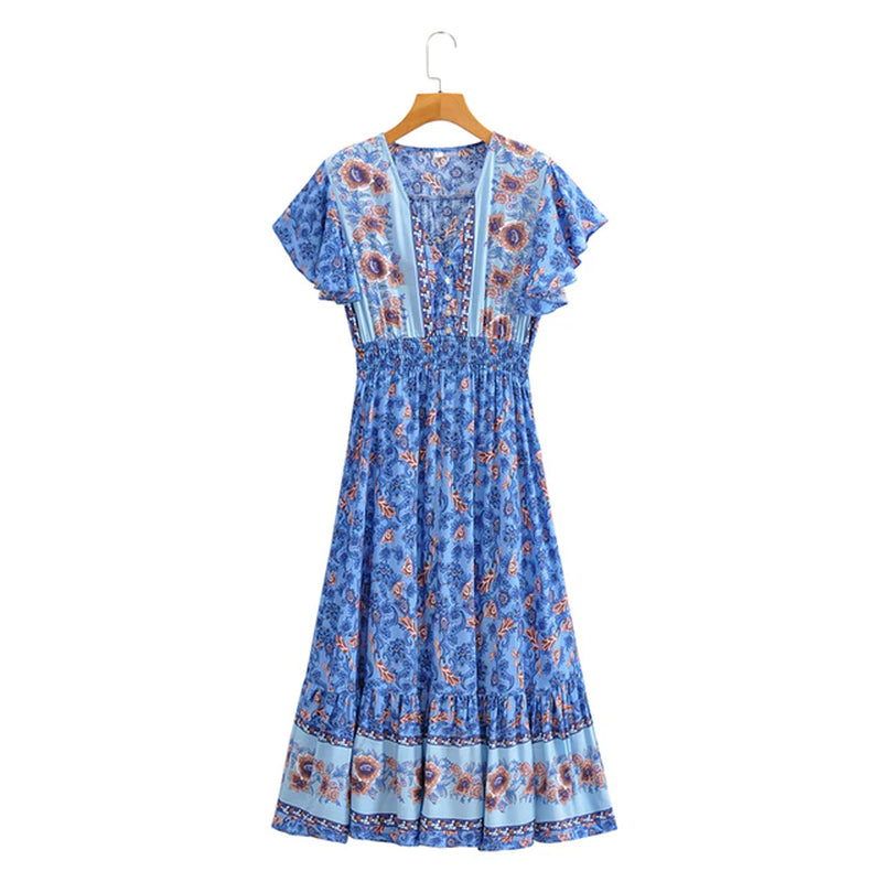 Boho Queens Women Floral Print V-Neck Sashes Bohemian Midi Dress Ladies Sleeve Happie Dresses Vestidos